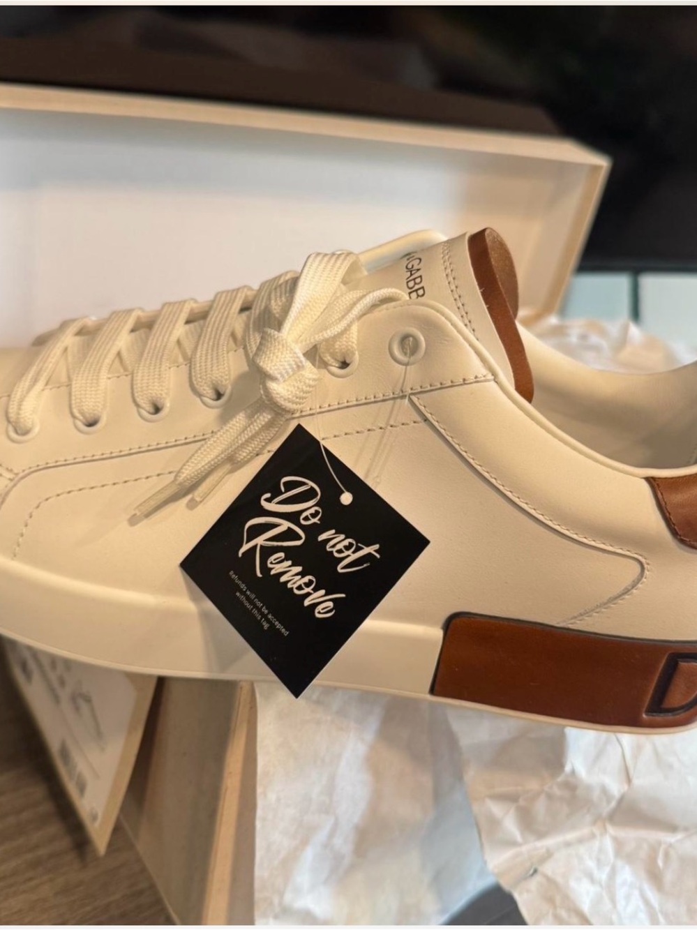 Dolce & Gabbana White Leather Sneakers with Brown Accents